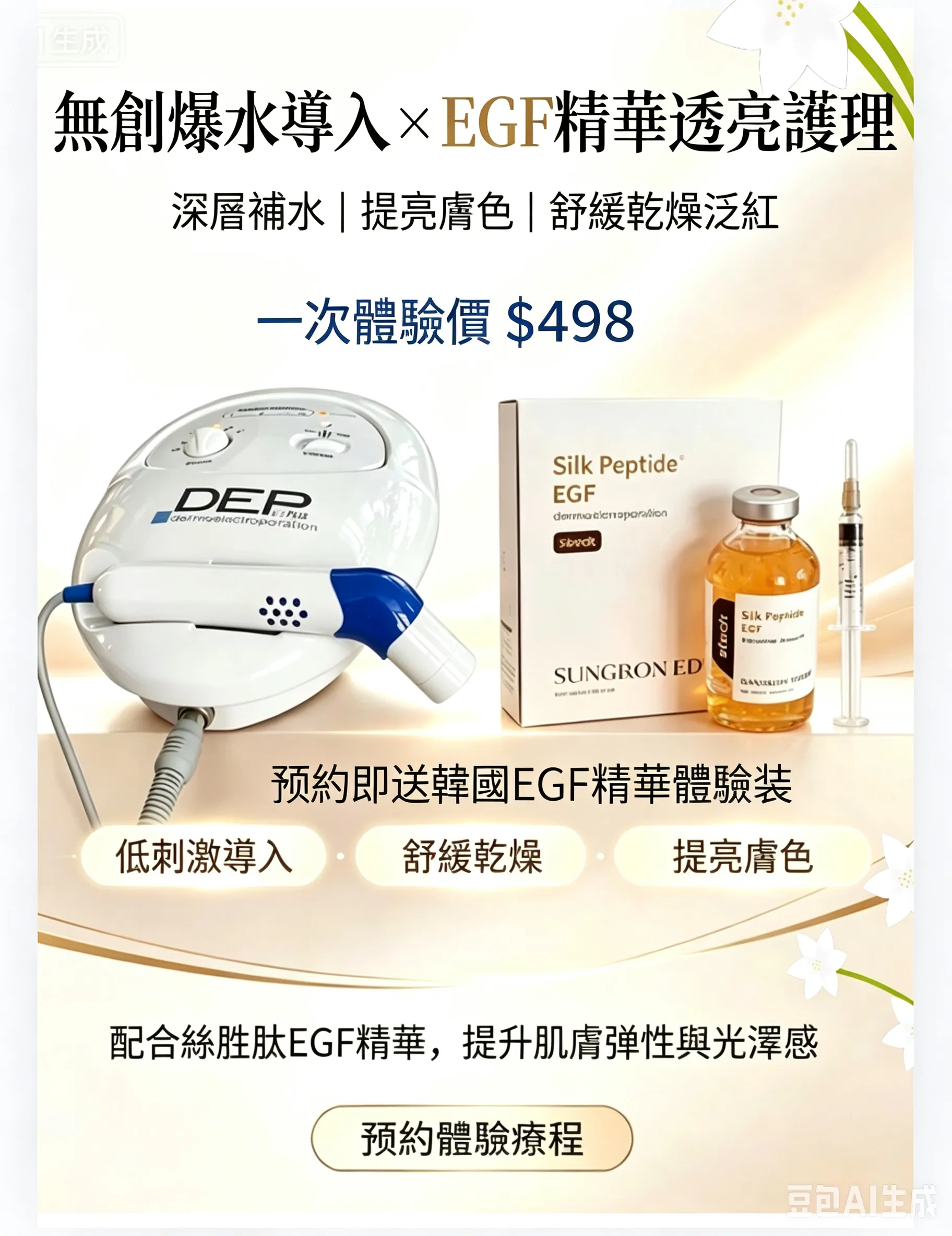 🌻初次体验$498无創爆水导入 × EGF精華透亮护理｜观塘体验  预約缴付体验费，即贈原价$298韩国胜肽金丝EGF精華体验装🎁