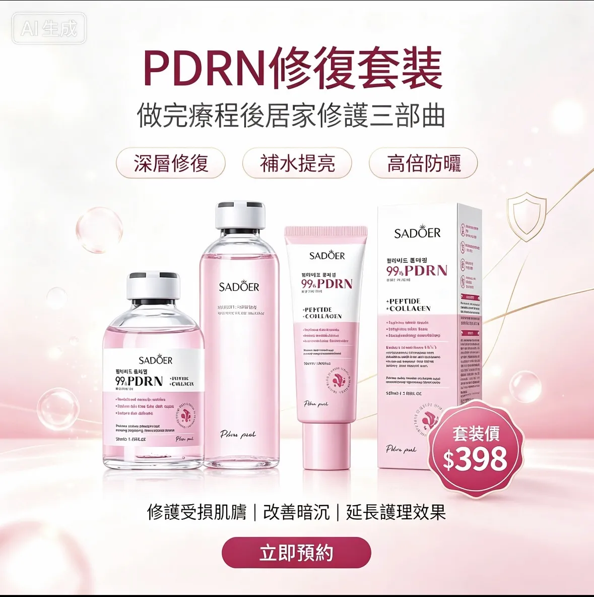 ISADOER PDRN粉紅修護套裝 ✨ 💖PDRN膠原修護三部曲 （三件套：安瓶精華 + 爽膚水 + SPF50防曬）